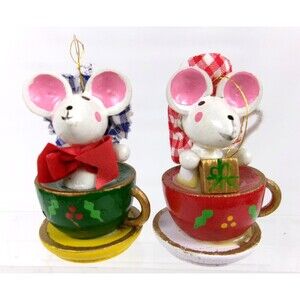 Tea for Two Wooden Mouse Ornaments Set of 2 Made In Taiwan